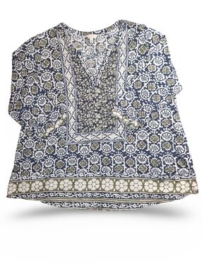 Lucky Brand Blue Green Floral V-Neck Printed Women's Tunic Top Size 2X